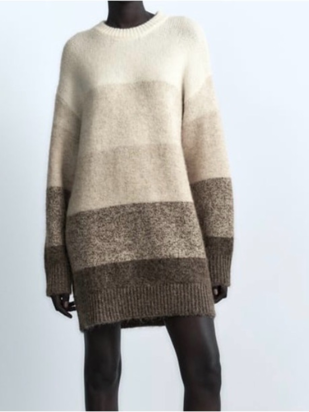 Ombre Stripe Crewneck Sweater Dress - Cream & Brown